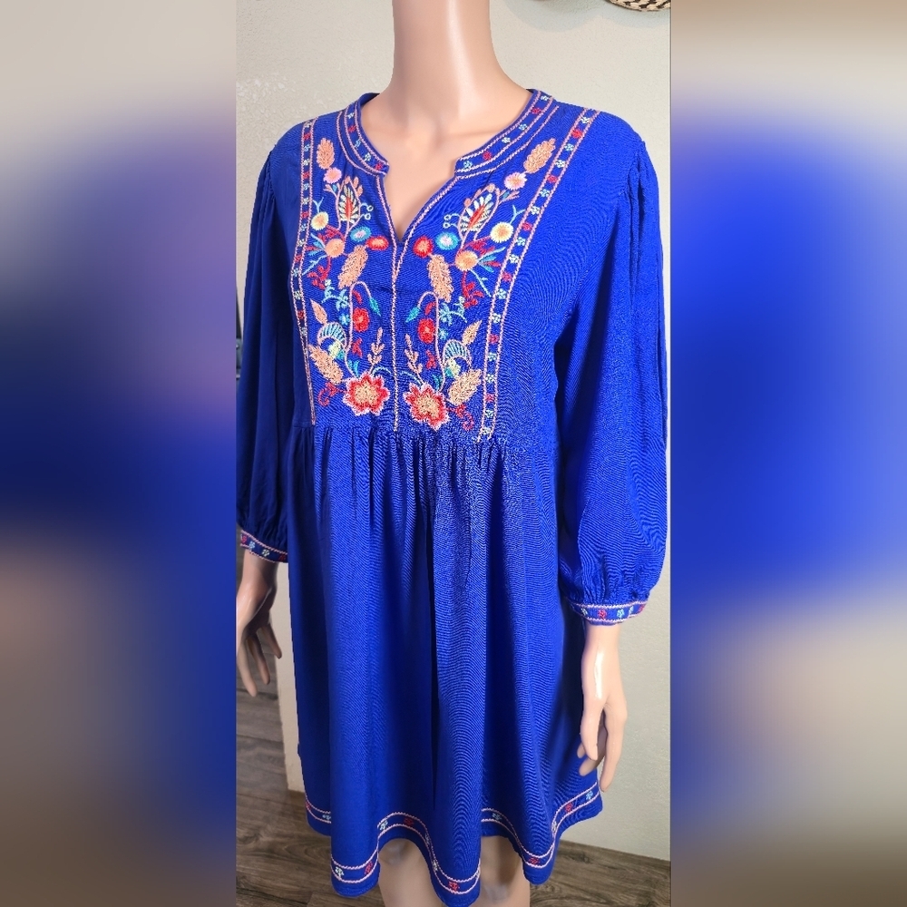 Solitaire Royal Blue Embroidered Bohemian Peasant Dress With Pockets Size Large - Picture 10 of 13